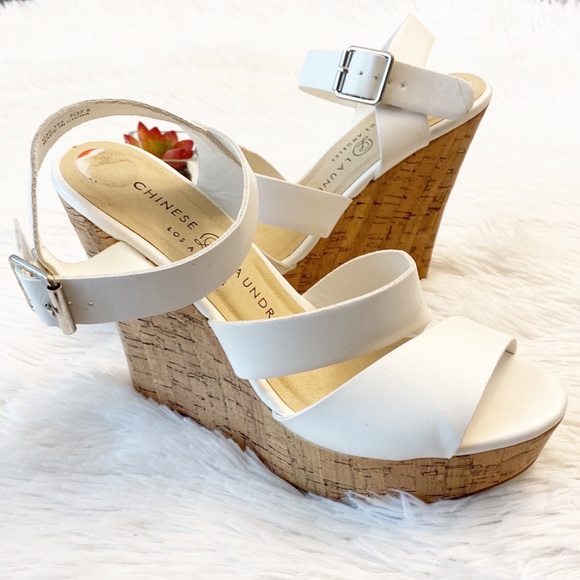Chinese Laundry | White Leather Platform Wedge Strap Sandals heels women’s 7 - Picture 4 of 7